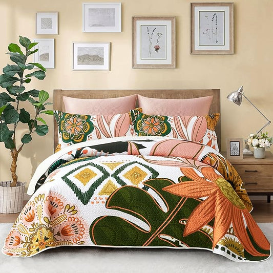 2 Piece Boho Floral Quilt Sets Twin Size Farmhouse Botanical Reversible Lightweight Bedspread Coverlet with 1 Sham Mid Century Leaves Microfiber Bedding Quilts Set for All Season, 68''x86''