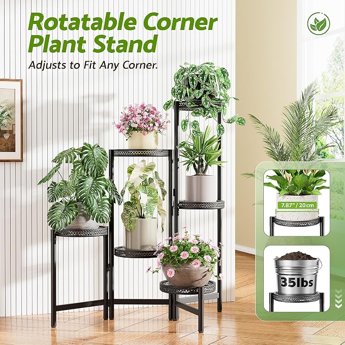 Metal Plant Stand Indoor Outdoor, 6 Tier Tall Flower Pot Holder Potted Display Rack Shelf, Heavy Duty Corner Plant Shelf for Patio Garden Balcony Living Room Bedroom - BlackS