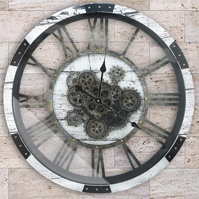 DORBOKER 27 Inch Large Wall Clock Farmhouse Wooden Clock with Moving Gears HD Toughened Glass Cover, Oversized Industrial Steampunk Rustic Wall Clock for Living Room Decor Home Kitchen Office (White)