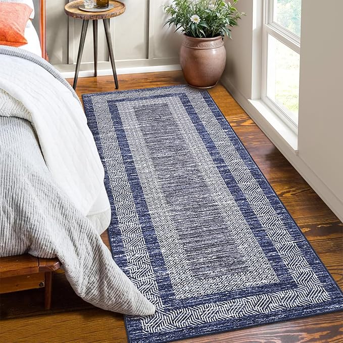GarveeHome Washable 2.5x10 Kitchen Runner Navy Blue Rug, Easy Clean Geometri Rugs for Hallway Entryway, Indoor Outdoor Non Slip Rug Farmhouse Morden Carpet Door Mat Area Rug for Laundry Room Grey
