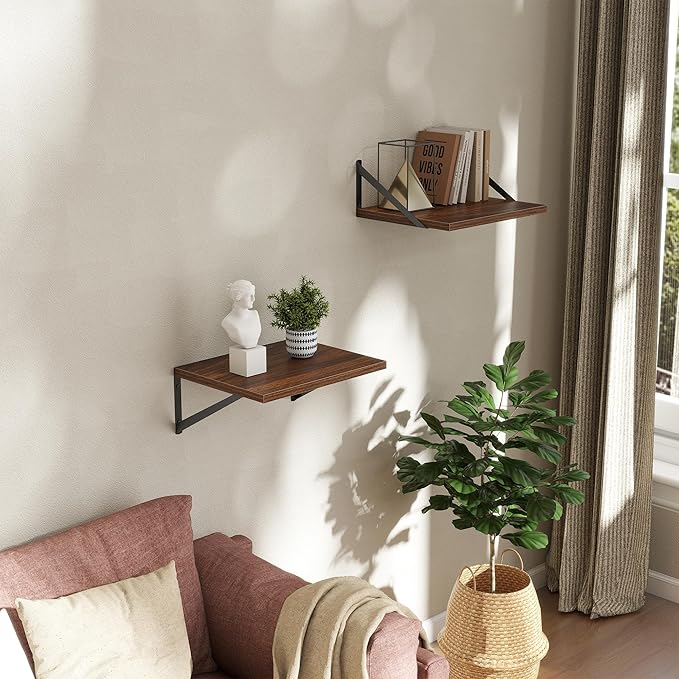 Deep Floating Shelves Wall Mounted, 16"x12" Walnut Wall Shelves with Brackets Set of 2 for Bedroom, Living Room, Bathroom, Kitchen, Office - Storage & Display Shelf for Decor, Books, Plants