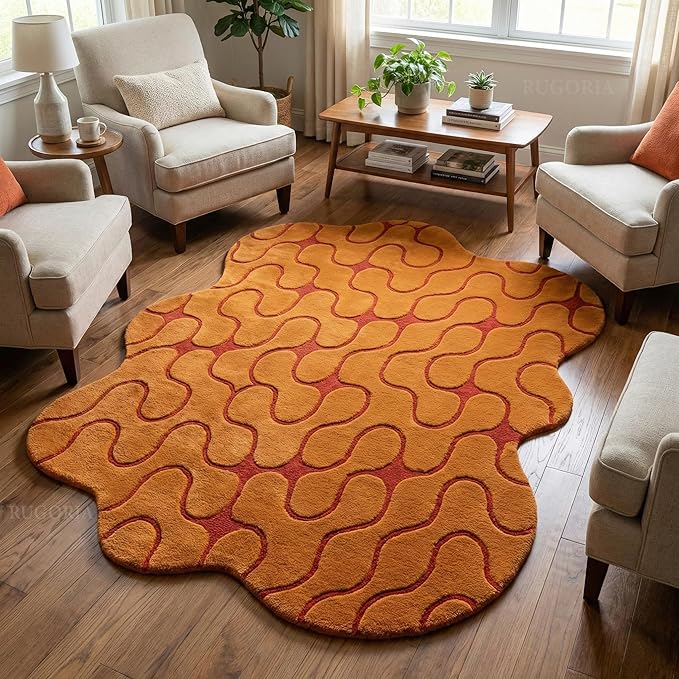Hand-Tufted Abstract Wool Area Rug, Irregular Organic Shape with Wavy Pattern, Soft Plush Handmade Carpet for Living Room, Bedroom & Home Décor, Cotton Backing (Mustard Orange, 8' x 12')