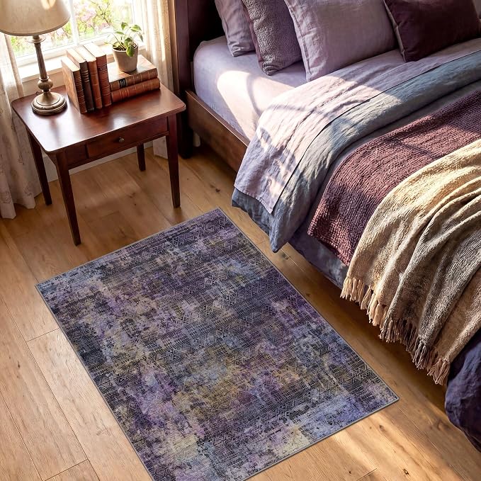 Kokia Abstract Area Rug Black Purple Washable 2x3 Non-Slip Stain Resistant Entryway Rug Soft Indoor Mat for Kitchen Door Decor, Violet and Slate Blue