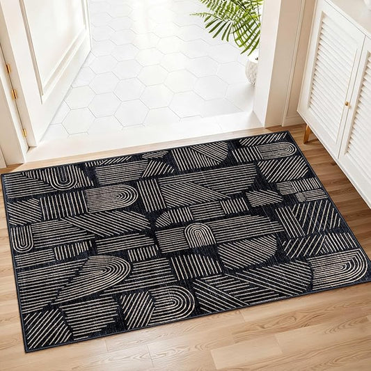 MUJOO 2x3 Washable Rug,Mid Century Modern Abstract Non Slip Low Pile Small Area Rug,Black and Gold Rug for Entryway Bathroom Kitchen Bedroom