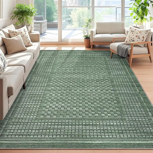Washable Rug 5x7 Area Rug for Living Room Bedroom Rug Modern Contemporary Large Area Rug Non Slip Throw Rugs Soft Faux Wool Low Pile Stain Resistant Carpet for Dining Room 5'x7' Green