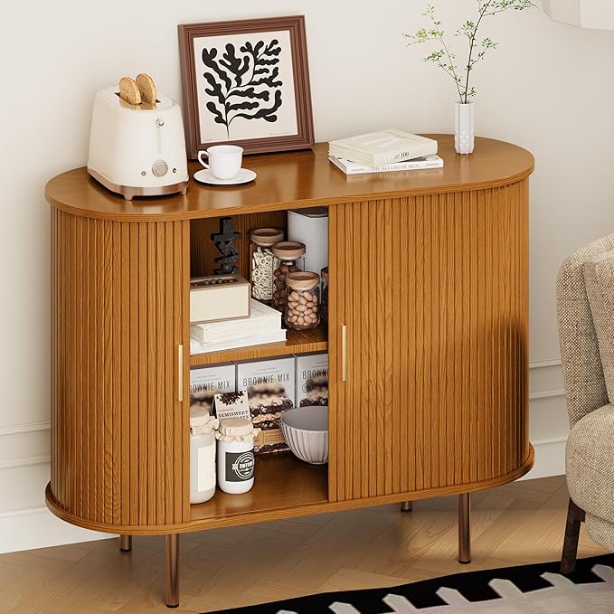 DHH Sideboard Buffet Cabinet with Storage,Mid Century Modern Fluted Accent Coffee Bar Console Table,Tambour Sliding Doors& Adjustable Shelf for Kitchen, Living Room, Entryway (Yellow walnut40 Inch)