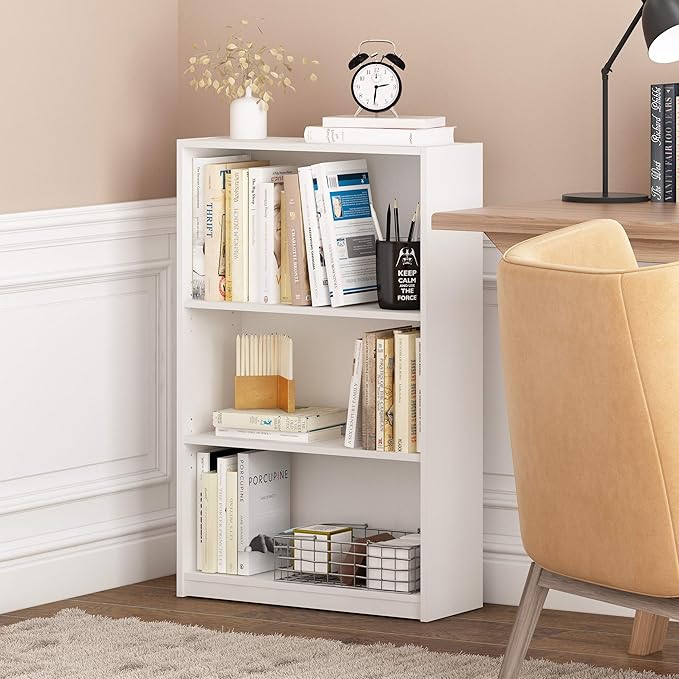 Furinno Jaya Book Shelf, 3-Tier Bookshelf, Standing Bookcase with Adjustable Shelves, 9.5 x 24.5 x 40.3, for Organization and Storage, for Living Room, Bedroom, Home Office, Plain White