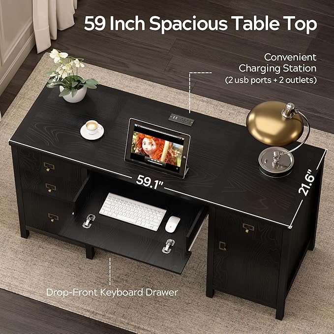EYYTHUNG 59" Executive Desk with File Drawers Cabinet, Modern Computer Desk with Charging Station, Keyboard Tray, Large Home Office Desk, Farmhouse Wood Desk for Study, Writing, Black