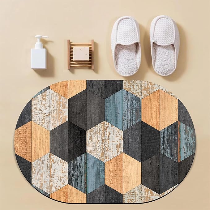 Bathroom Rug Mat Colorful Weathered Hexagonal Wood Oval Bath Mat Doormat Absorbent Quick Dry Non Slip Diatom Mud Mat for Shower Tub Sink Laundry Kitchen Doorway 23.6x15.7 Inches