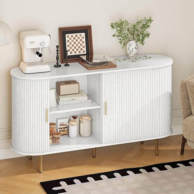DHH Sideboard Buffet Cabinet with Storage,Mid Century Modern Fluted Accent Coffee Bar Console Table,Tambour Sliding Doors& Adjustable Shelf for Kitchen, Living Room, Entryway(White,55 Inch)