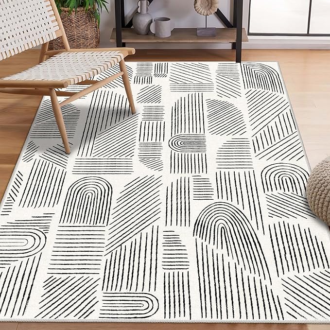 MUJOO 3x5 Washable Rug,Mid Century Modern Abstract Non Slip Low Pile Area Rug,White and Black Rug for Living Room Bedroom Entryway