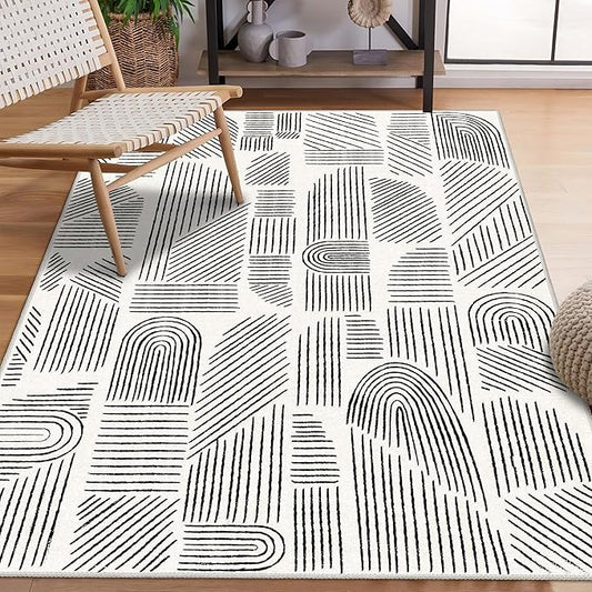 MUJOO 3x5 Washable Rug,Mid Century Modern Abstract Non Slip Low Pile Area Rug,White and Black Rug for Living Room Bedroom Entryway