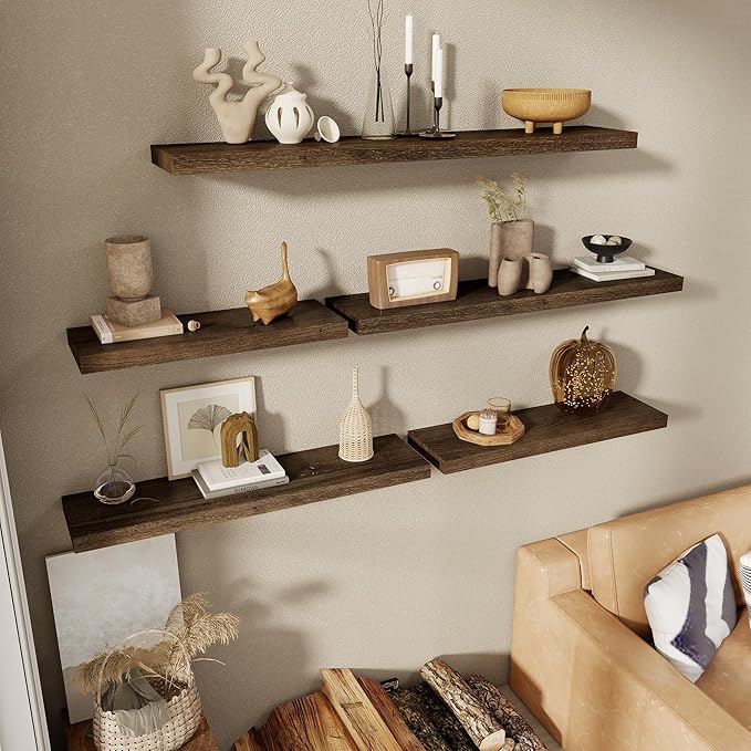 24 Inch Floating Shelves for Wall, 8"D High End Solid Hardwood Shelves for Decor Storage, Rustic Wall Shelves with Invisible Heavy Duty Brackets for Living Room, Kitchen, Bathroom, Walnut, 2 Pack