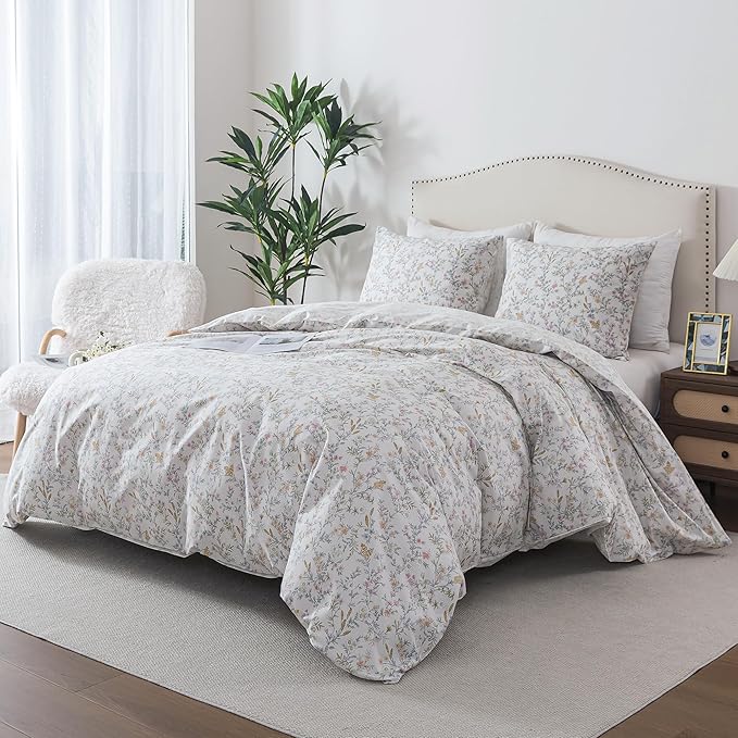 HoneiLife Wildflower Duvet Cover Queen - 100% Cotton Comforter Cover Sets, 3-PC Comfortable Floral Duvet Cover Sets, Botanical Duvet Cover with Zipper Closure & Corner Ties, Lively Spring
