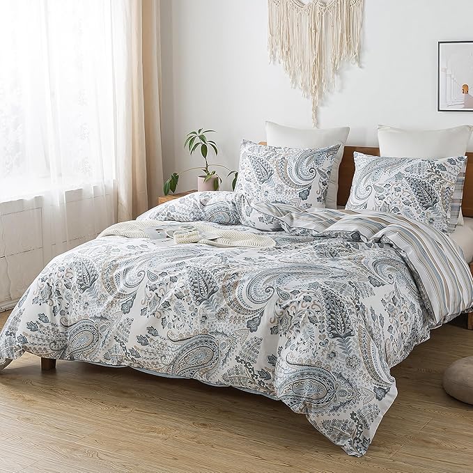 HoneiLife Cotton Duvet Cover Queen - 3pcs Paisley Comforter Cover, Soft & Breathable Floral Bedding Duvet Cover Sets with Zipper Closure & Corner Ties, Wildflower Comforter Cover Sets All Season Use