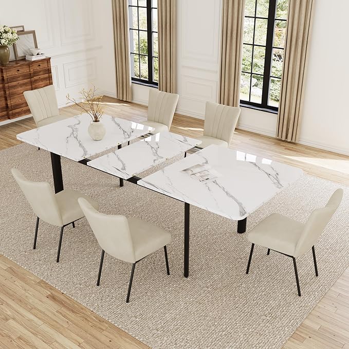 Extendable Dining Table Set for 6-8 People, 63 to 78.7 Inch MDF Kitchen Table with 6 Dining Fabric Chairs, Space-Saving for Dining Room, Breakfast Nook (White Table & 6 Beige Fabric Chairs)