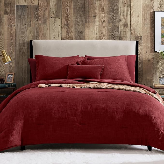 Geniospin Queen Comforter Set - 7 Pieces Comforter Queen Size, Solid Bedding Set for All Season, Dark Red Textured Bed in a Bag with Sheets
