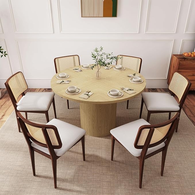 47 Inch Round Dining Table, Farmhouse Fluted Dining Kitchen Table, Modern Wood Small Circle Dining Table for Kitchen Living Room, Natural