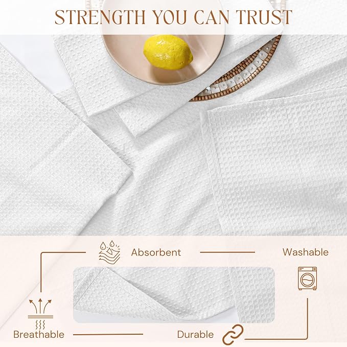 White Waffle Kitchen Dish Towels 100% Cotton, Soft, Absorbent, Quick Drying, Multipurpose Use, Bar & Hand Towels, 16x26 Inches, Durable, Machine Washable, Reusable, Set of 12