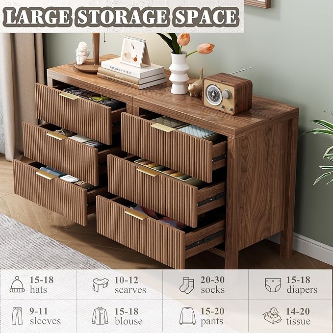 Nightstand with 6 Drawers, Dresser and Nightstand Sets, Bedside Tables, Mid Century Nightstands with 6 Wide Drawers for Bedroom, Kids’ Room, Hallway, （Walnut X 2pcs）