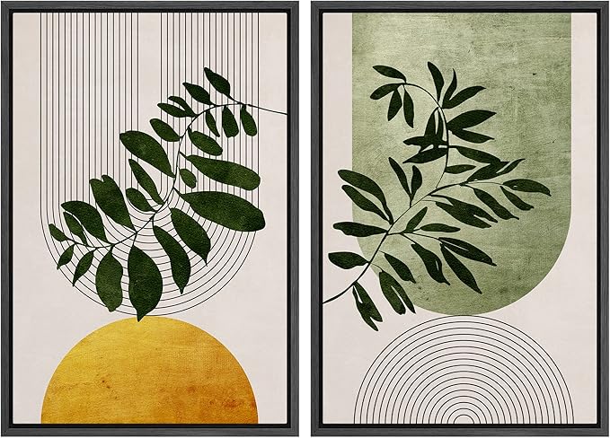 IDEA4WALL Framed Canvas Print Wall Art Set Mid-Century Geometric Forest Plant Leaf Nature Wilderness Illustrations Modern Art Rustic Decorative for Living Room, Bedroom, Office - 16"x24"x2 Black