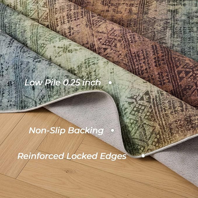 Kokia Abstract Area Rugs 9x12 Bedroom Washable Decor Low Pile Non-Slip Non-Shedding Indoor Carpet Foldable Stain Resistant Floor Mat Living Room Dining Room, Warm Brown and Dark Sage Green