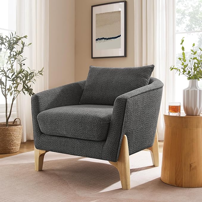 VANOMi Modern Accent Chairs, Sherpa Armchair with Cushion, Comfy Reading Chairs for Adults, Living Room, Corner, Apartment, Dark Grey
