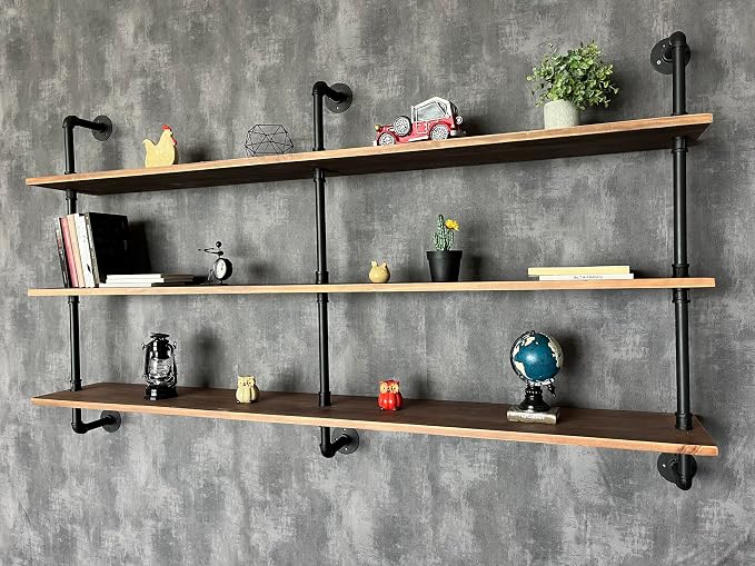 HDDFER Floating Shelves 70 inch Wall Bookshelf Industrial Pipe Shelving Shelves Real Wood Planks Rustic Wall Shelves Hanging Bookshelves Farmhouse Kitchen Bar Shelving