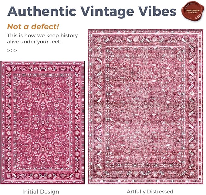 OPPODREAM Vintage Hot Pink Area Rugs 5x7, 5 x 7 Retro Washable Rug Non Slip, Low-Pile Faux Wool Carpet, Distressed Floor Mat for Living Room, Bedroom, Kitchen, Office, Dorm, Dinning Room