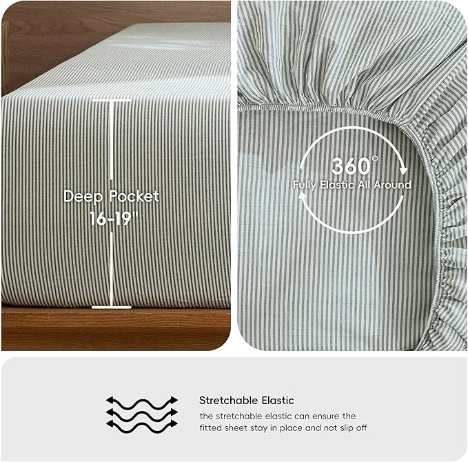 MooMee Striped Sheet Set 100% Washed Cotton Linen Like Textured Breathable Durable Soft Comfy (Heathered Green Pinstripes, King)