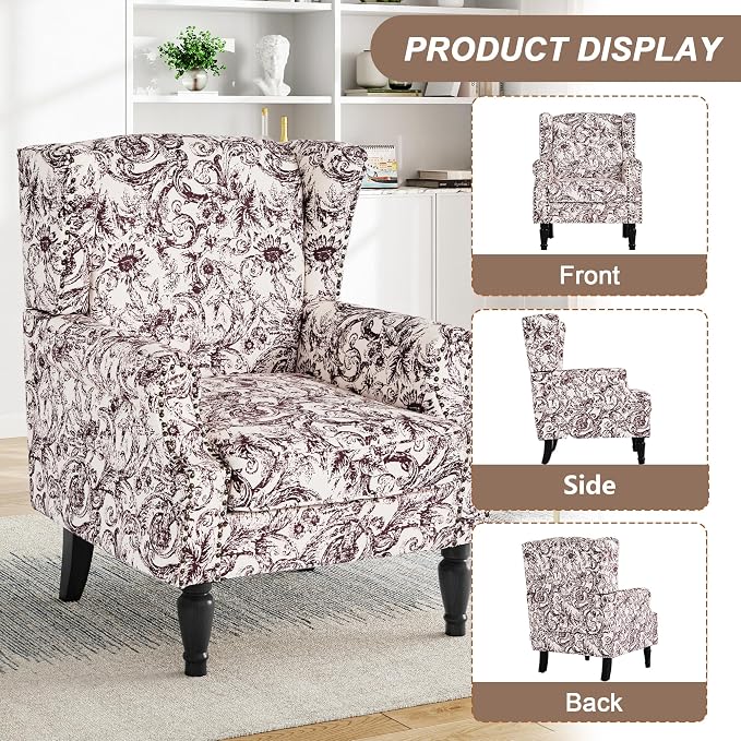 Pia Ricco High Back Floral Accent Chair - Retro Wingback Upholstered Armchair with Nailhead Trim, Solid Wood Legs, Fabric Living Room Bedroom Reading Chair (Rococo Plum)