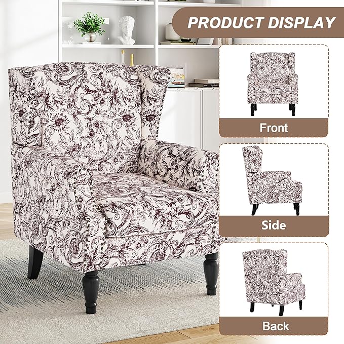 Pia Ricco Set of 2 Floral Accent Chairs, High Back Upholstered Armchairs with Retro Wingback Design, Nailhead Trim & Solid Wood Legs for Living Room Bedroom Home Office(Rococo Plum)
