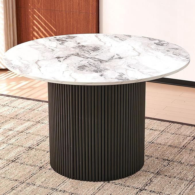 47" Round Dining Table Set for 4,Industrial Circle Kitchen Table Set with Off White Sherpa Barrel Dining Accent Side Chairs Set for Coffee Shop, Two-Part White Marble Look Tabletop