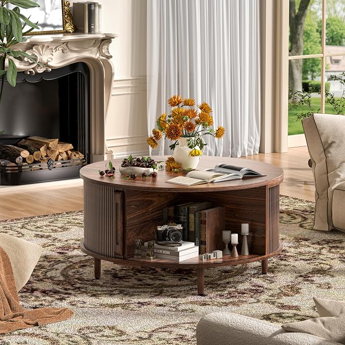 Round Coffee Table, 31.5" Fluted Center Table with Storage, Lift-Top Coffee Table with Adjustable Footpads, Sliding Door, Mid-Century Modern Center Table for Living Room, Small Space, (Walnut)