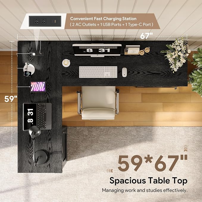 Decofy L Shaped Farmhouse Executive Desk with Drawers, 67" Home Office Desks with Fast Charging Station, Lockable File Cabinet, Wood Writing Computer Desk for Work, Study, Black