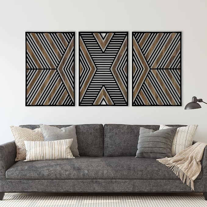 Art Deco Style Geometric Wood Wall Art, Mid Century Modern Wooden Wall Art Panel, Large Wall Decor for Bedroom, Office or Living Room