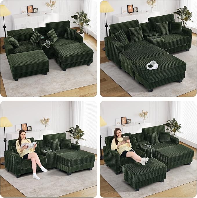 Oversized Chaise Lounge Chair Indoor with Storage & USB, Cup Holder & Ottoman, Firm Solid Wood Frame with Long Service Life Corduroy Oversized Lounge Reading Chair for Large Study Room - Green