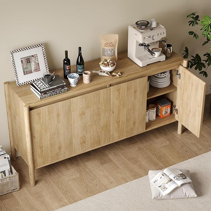 59" Wide Oak Buffet Cabinet Storage,4 Doors and Adjustable Shelves,Solid Wood Round Legs,Wood Mid Century Sideboard for Kitchen,Living Room,Coffee Bar.