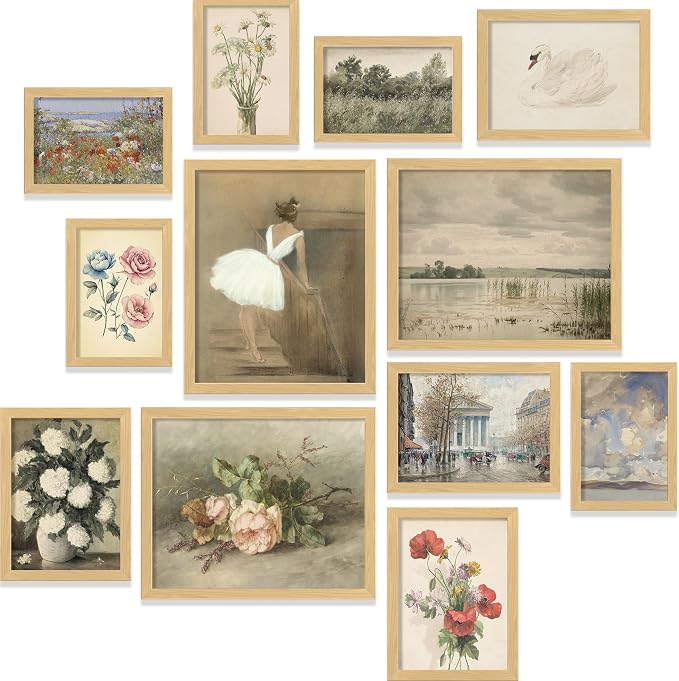 97 Decor Vintage FRAMED Wall Art - Framed Vintage Wall Art Prints, Vintage Posters For Room Aesthetic, Lanscape Prints For Walls Decor, Moody Gallery Walls Pictures Botanical Paintings For Home Bedroom (BEIGE FRAME)