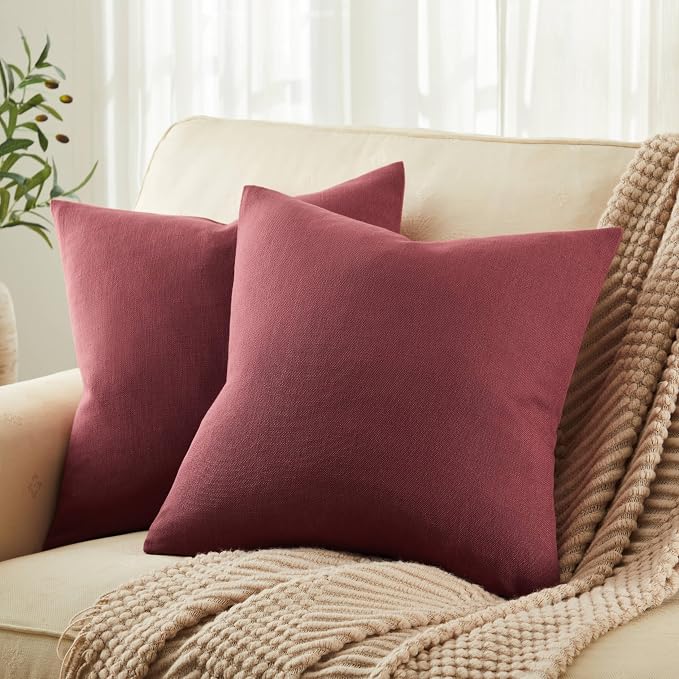 ZeeMart Rustic Cotton Linen Throw Pillow Covers Set of 2, 16x16 Inch Burgundy, Farmhouse Style Decorative Couch Pillow Cases Cushion Covers for Sofa Bed Living Room Home Decor