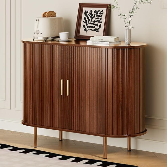 DHH Sideboard Buffet Cabinet with Storage,Mid Century Modern Fluted Accent Coffee Bar Console Table,Tambour Sliding Doors& Adjustable Shelf for Kitchen, Living Room, Entryway(Walnut, 40Inch)