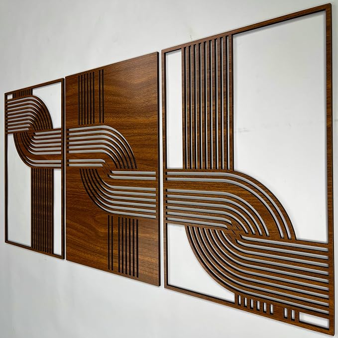 Abstract Wood Wall Art Set of 3, Geometric Curved Line Decorative Panels, Mid Century Modern Wooden Decor, Scandinavian New House Gift for Living Room and Bedroom