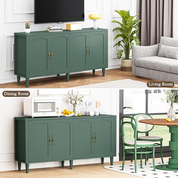 63" Sideboard Buffet Cabinet with Storage, Mid Century Modern Credenza with Adjustable Shelves & Carved Handle, Wood Kitchen Buffet Table Coffee Bar for Dining Room Living Room - Forest Green