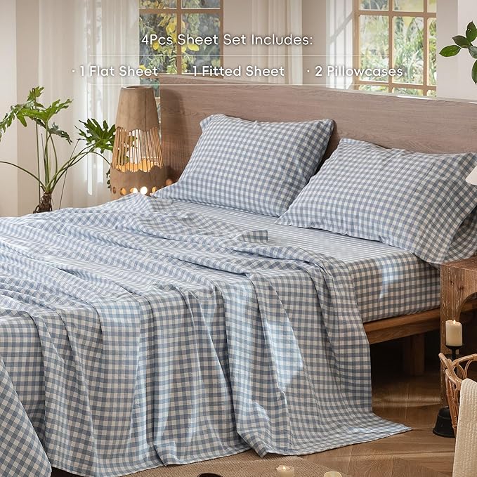 MooMee Gingham Sheet Set 100% Washed Cotton Linen Like Textured Breathable Soft w/Fully Elasticized 16-19" Deep Pocket (Classic Gingham Cornflower Blue, King)