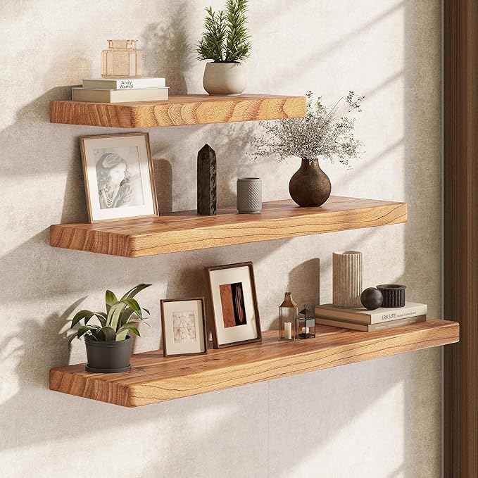 Fun Memories 36 Inch Floating Shelves, Rustic Solid Wood Wall Shelves Set of 2, 8 Inch Deep Floating Shelf for Bathroom, Bedroom, Heavy-Duty Wooden Shelf Wall-Mounted for Home Decor & Storage