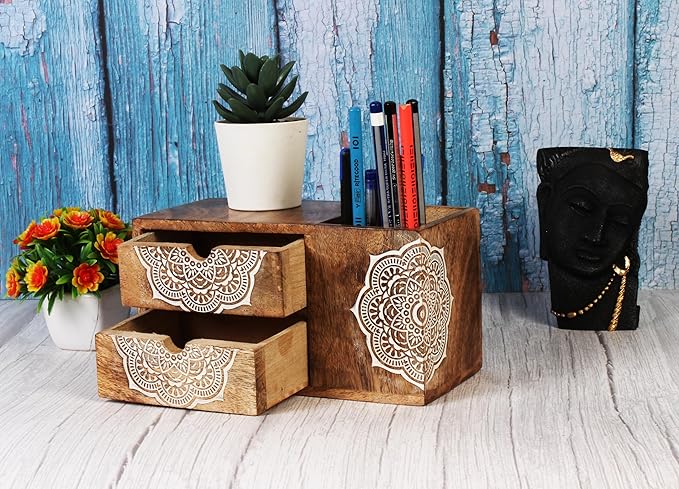 Wooden Hand craved Desk Organizer Pencil Pen Stationery Holder Cosmetic Storage Desk Box Home Office Art Supplies with 2 Drawer Wooden Tabletop Stationery Holder with 2 Drawers Storage Cabinet