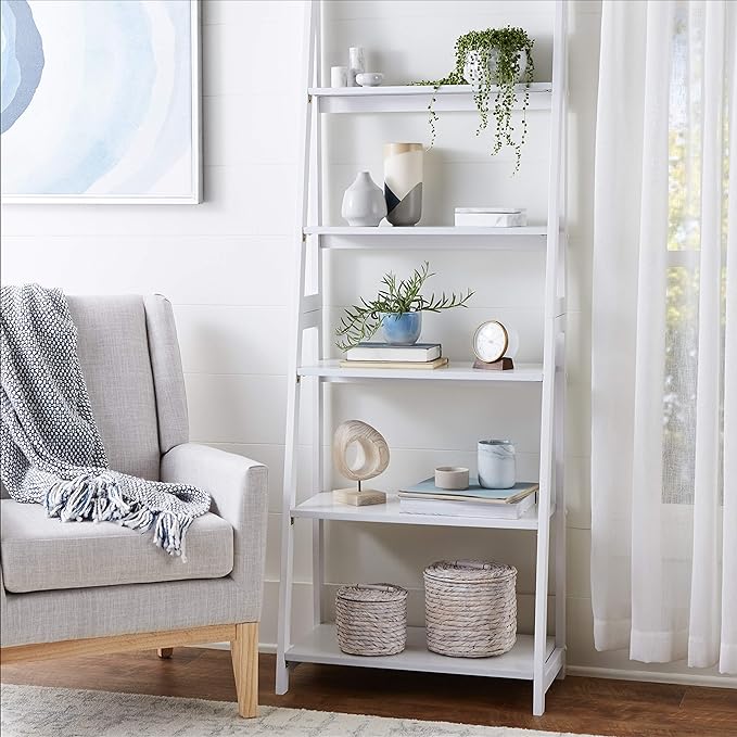 Amazon Basics 5-Tier Ladder Bookshelf Storage Organizer for Small Space, Easy to Assemble, Solid Rubberwood Frame, White Finish, 14D x 24.8W x 70.1H in