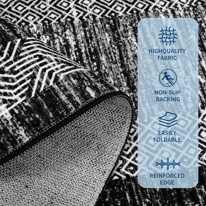 GarveeHome Washable Runner Rug 2x6 Modern Hallway Rug Non Slip Entryway Runner, Geometric Bordered Printed Carpets, Low Pile Thin Foldable Floor Mats, Soft Non Shedding for Kitchen Laundry, Black