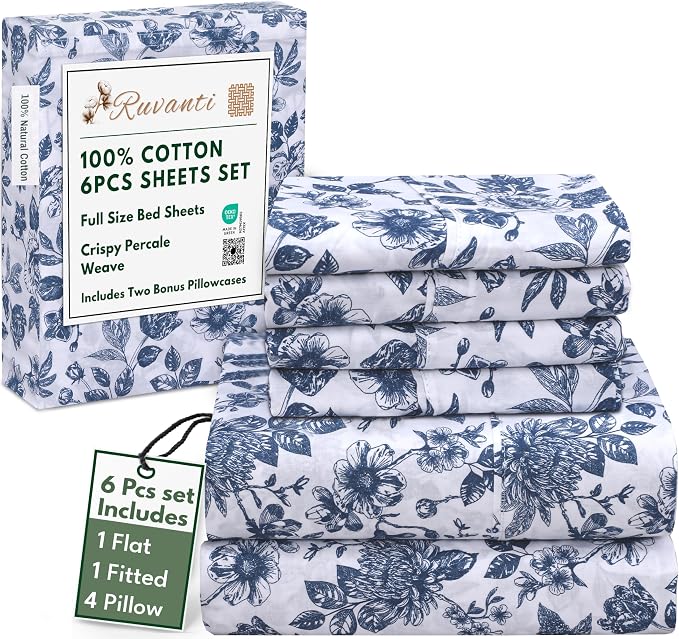 RUVANTI 6 Pcs Cotton Sheets - 100% Natural Cotton Soft, Lightweight & Breathable Crispy Percale Sheets, Full Size Bed Sheets 16" Deep Pockets, Wild Flower