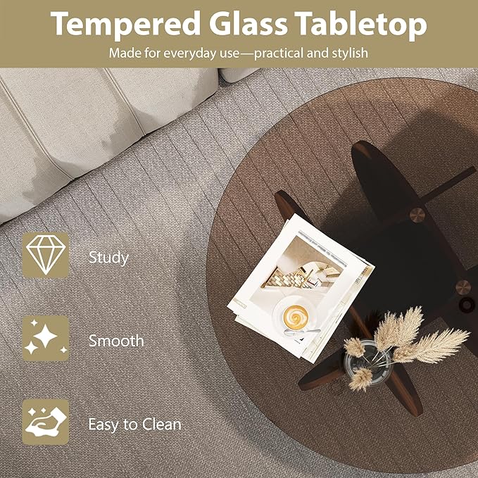 Glass Coffee Table, Round Coffee Table with Petal-Inspired Base, Modern Minimalist Coffee Table for Decoration, Brown Coffee Tables for Living Room, Study Room, Office